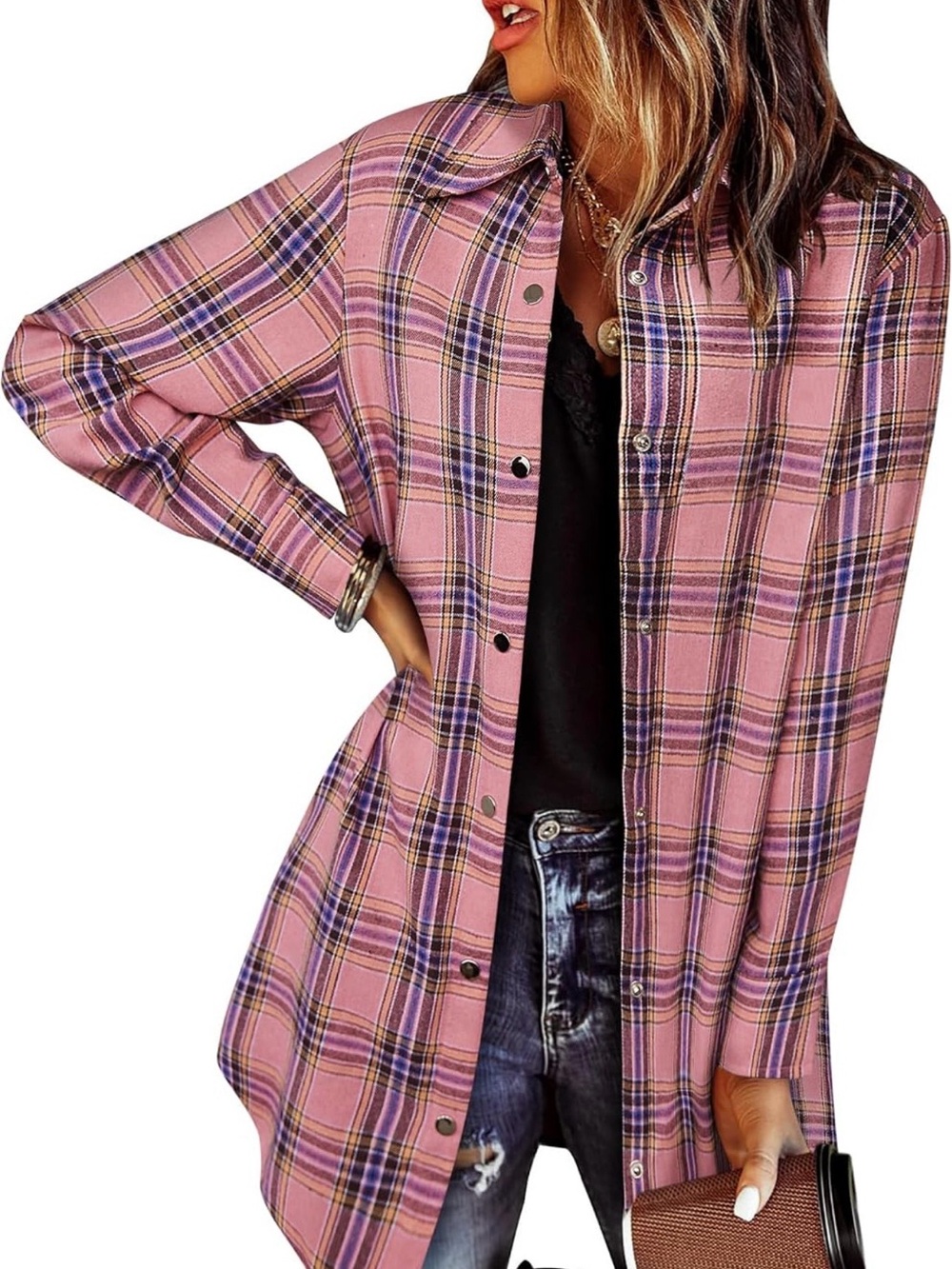 Women's Pink Plaid Button-Front Shirt Jacket